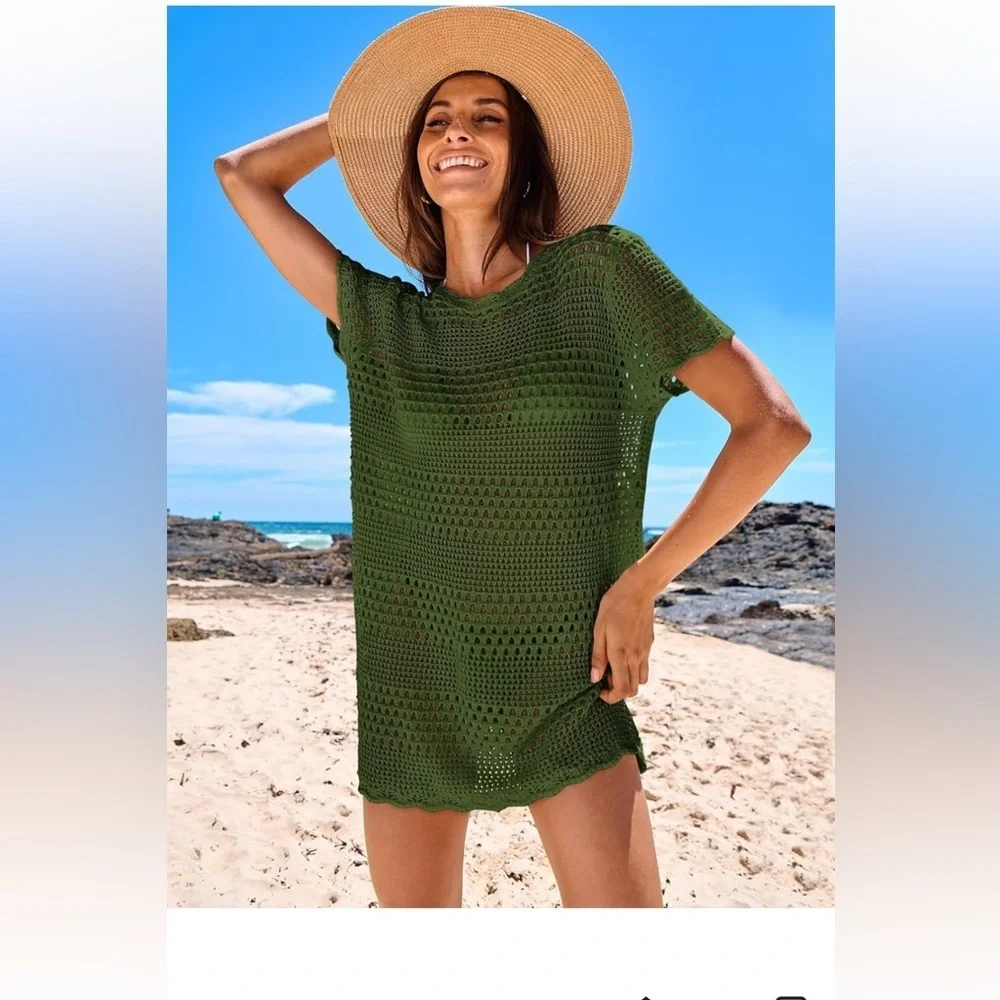 Green Crochet Knit Beach Coverup